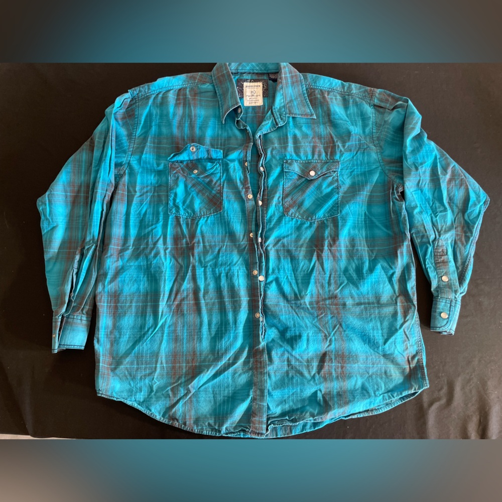 Panhandle Slim Rough Stock Plaid Button-Up Shirt Long Sleeve XL Blue Brown